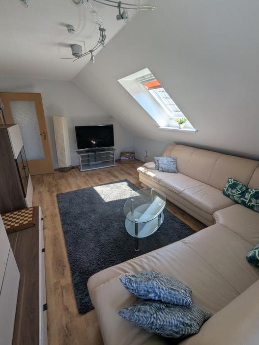 Wohnzimmer mit Fernseher, Stehlampe und Dachfenster